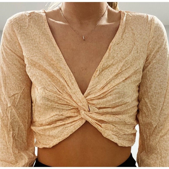 Urban Outfitters Peach Floral Twist Linen Long‎ Sleeve Crop Top Size Medium - Picture 8 of 8